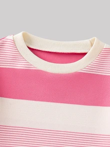 SHEIN 女童字母圖案條紋圓領長袖套頭上衣＋鬆緊腰短褲 2件套 - 彩色 - 查看 8