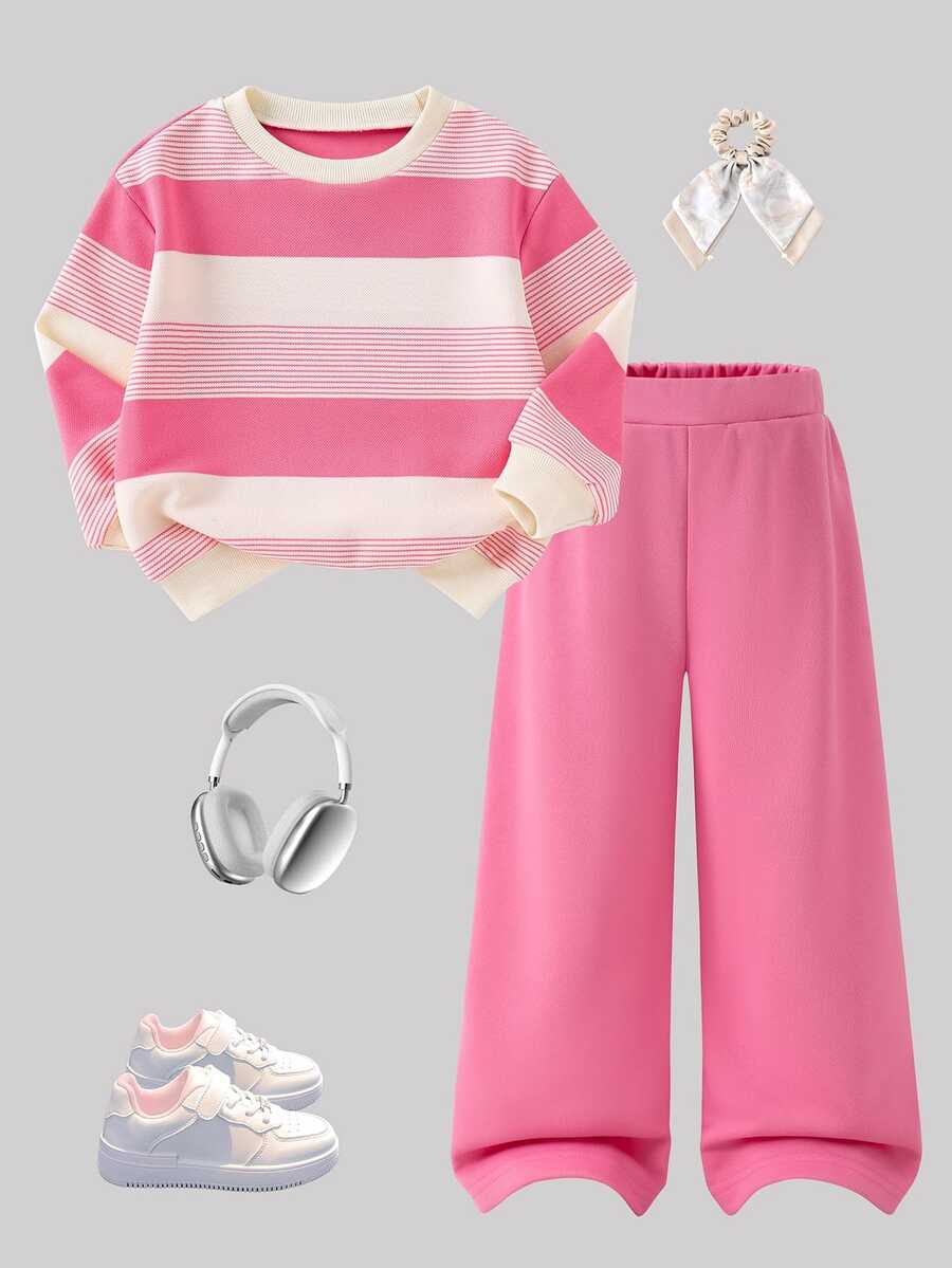 SHEIN Young Girl Letter Pattern Striped Round Neck Long Sleeve Pullover Top Elastic Waist Shorts 2pcs Set - Multicolor - View 1