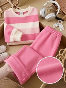 SHEIN 女童字母圖案條紋圓領長袖套頭上衣＋鬆緊腰短褲 2件套 - 彩色 - 查看 4