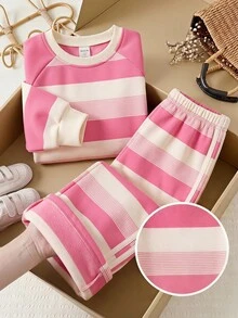 SHEIN 女童字母圖案條紋圓領長袖套頭上衣＋鬆緊腰短褲 2件套 - 彩色 - 查看 9