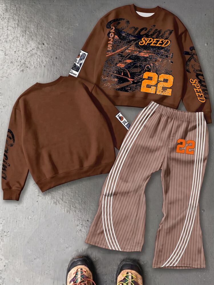 Young Boys Autumn New Casual Minimalist Loose Comfortable Crew Neck Sweatshirt & Flare Pants 2pcs Set, Suitable For Autumn/Winter, Classic Cool Handsome Vintage Rally Car Graphic Print, Classic Text Graphic Print, Classic Text 22 Graphic Print, Y2K - Multicolor - View 3