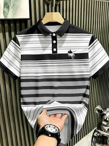 Manfinity Hypemode 男士條紋 Polo 衫，馬與騎手圖案短袖領口上衣，適合休閒日常穿著，秋季服飾，新秋季款式，正式，老錢風 - 彩色 - 查看 1