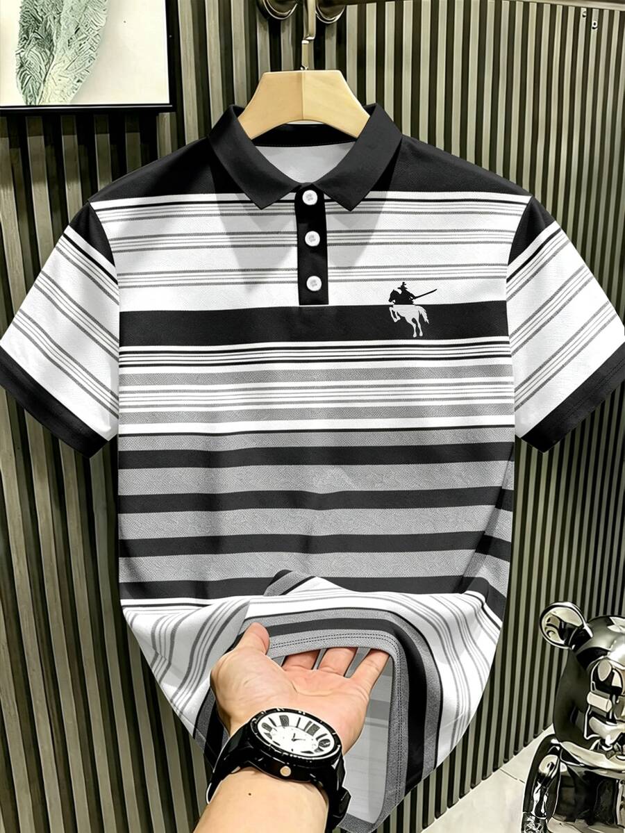 Manfinity Hypemode 男士條紋 Polo 衫,馬與騎手圖案短袖領口上衣,適合休閒日常穿著,秋季服飾,新秋季款式,正式,老錢風 - 彩色 - 查看 1