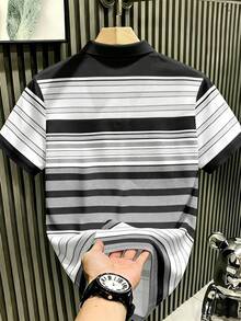 Manfinity Hypemode 男士條紋 Polo 衫，馬與騎手圖案短袖領口上衣，適合休閒日常穿著，秋季服飾，新秋季款式，正式，老錢風 - 彩色 - 查看 2