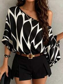 Trelyra One-Shoulder Loose Top, Soft Fabric, Asymmetrical Shape - Black - View 4