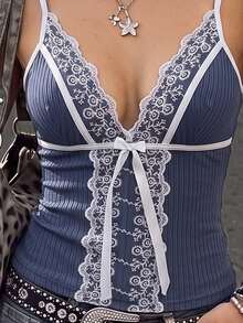SuriyaCove Sexy Style Blue & White Lace Camisole For Women - Blue - View 3