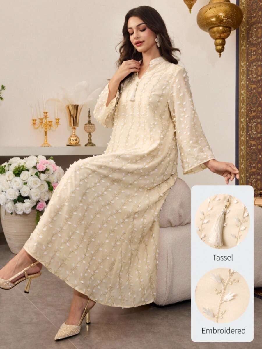 SHEIN Najma Women's Long Gold Metallic Fabric Patchwork Pendant Robe - Apricot - View 1