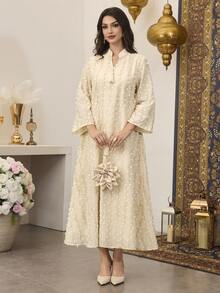 SHEIN Najma Women's Long Gold Metallic Fabric Patchwork Pendant Robe - Apricot - View 7