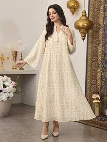 SHEIN Najma Women's Long Gold Metallic Fabric Patchwork Pendant Robe - Apricot - View 5