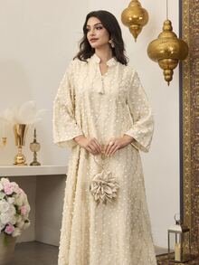 SHEIN Najma Women's Long Gold Metallic Fabric Patchwork Pendant Robe - Apricot - View 3
