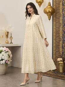 SHEIN Najma Women's Long Gold Metallic Fabric Patchwork Pendant Robe - Apricot - View 6