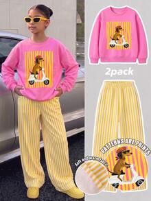 SHEIN 青少年女孩 T-shirt 套裝，粉色白色，短袖上衣長褲 2 件組，保暖秋冬，休閒可愛，圓領，學生穿搭 - 粉色 - 查看 4