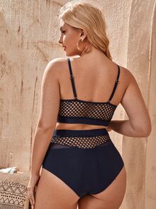 Plus Size Fishnet Detail Bikini Set Summer Beach - Navy Blue - View 2