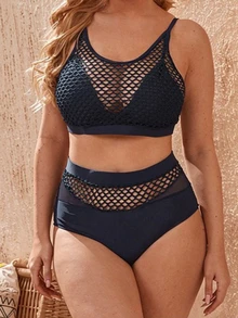 Plus Size Fishnet Detail Bikini Set Summer Beach - Navy Blue - View 4