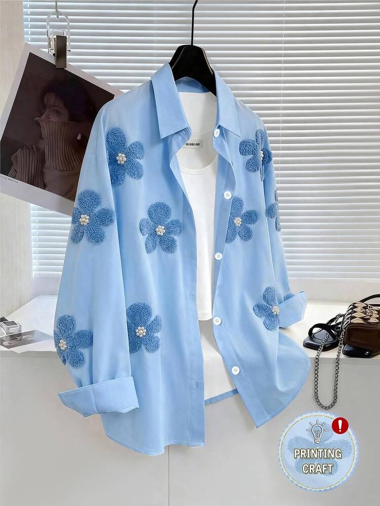 SHEIN Girls' Embroidered Pattern Sweatshirt Shirt Autumn Jacket Spring/Autumn 2025 New Fashionable Children's Wear Yellow Shirt Toddler Stylish Blouse Girls' Embroidered Pattern - Blue - View 3
