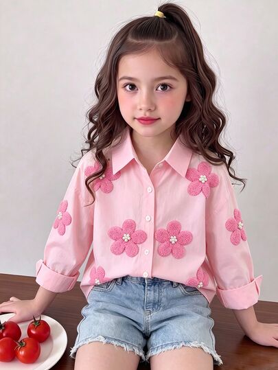 SHEIN قميص مطبوع بالزهور للفتيات الصغيرات، ملابس خارجية للخريف، ملابس شتوية، العودة إلى المدرسة، طراز بوس بيبي عتيق، مريح، عطلة عيد ميلاد وردي فاتح