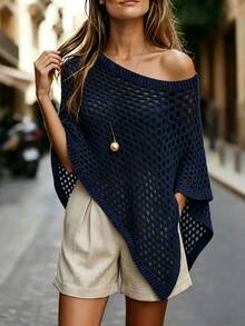 SHEIN Women's Fashion Versatile Asymmetric Hem Hollow Out Shoulder Top - Navy Blue - View 3