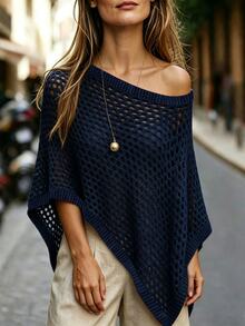 SHEIN Women's Fashion Versatile Asymmetric Hem Hollow Out Shoulder Top - Navy Blue - View 5