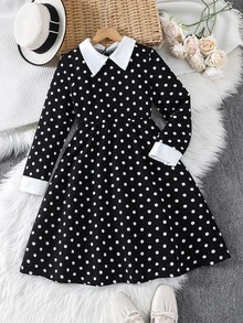 SHEIN Elladie kids 青少年女孩秋季洋裝 法式風格經典黑色波點 Wednesday 風格洋裝，對比白色領口＋袖口設計，優雅 - 黑色 - 查看 3