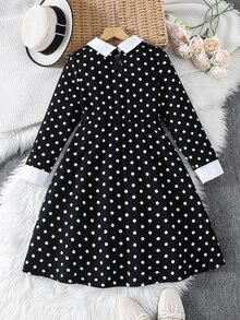 SHEIN Elladie kids 青少年女孩秋季洋裝 法式風格經典黑色波點 Wednesday 風格洋裝，對比白色領口＋袖口設計，優雅 - 黑色 - 查看 4