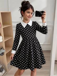 SHEIN Elladie kids 青少年女孩秋季洋裝 法式風格經典黑色波點 Wednesday 風格洋裝，對比白色領口＋袖口設計，優雅 - 黑色 - 查看 2