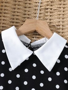 SHEIN Elladie kids 青少年女孩秋季洋裝 法式風格經典黑色波點 Wednesday 風格洋裝，對比白色領口＋袖口設計，優雅 - 黑色 - 查看 5