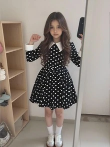 SHEIN Elladie kids 青少年女孩秋季洋裝 法式風格經典黑色波點 Wednesday 風格洋裝，對比白色領口＋袖口設計，優雅 - 黑色 - 查看 1