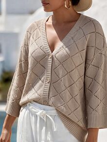 Linhara CURVE Plus Pointelle Knit Drop Shoulder Cardigan Winter - Apricot - View 5