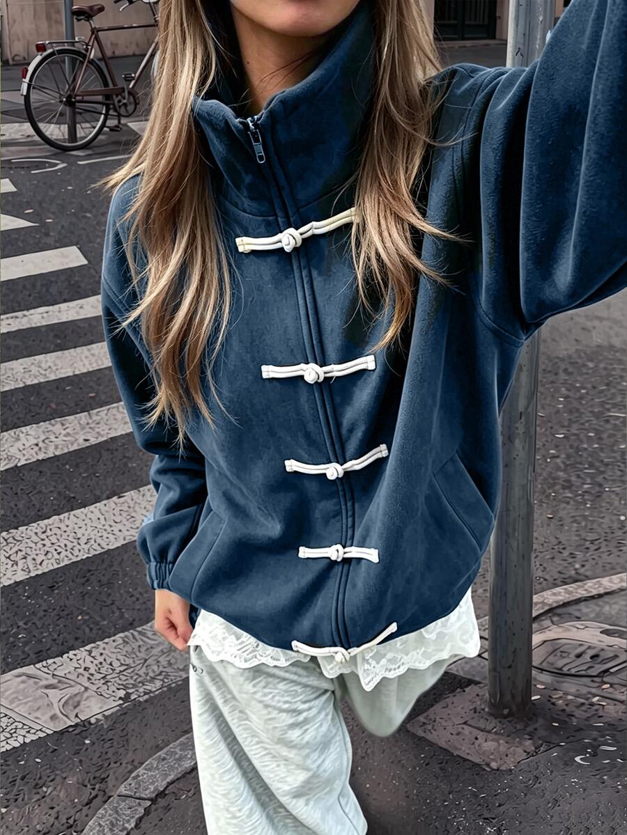 SuriyaCove Navy Blue New Chinese Style Frog Button Stand Collar Sweatshirt Jacket Holiday Beach Autumn Casual - Blue - View 1
