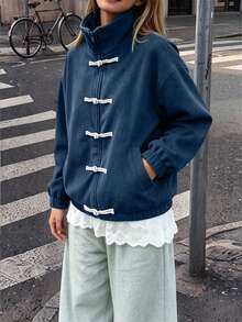 SuriyaCove Navy Blue New Chinese Style Frog Button Stand Collar Sweatshirt Jacket Holiday Beach Autumn Casual - Blue - View 3