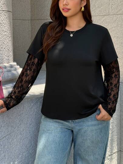 Easura Plus Size Round Neck Contrast Lace Casual T-Shirt