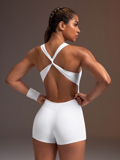 Powerista Minimalist Letter Print Zipper Half-Placket Sports Romper White Blackless Gym Fitness Workout Running Fashion Casual Going Out Cross Straps