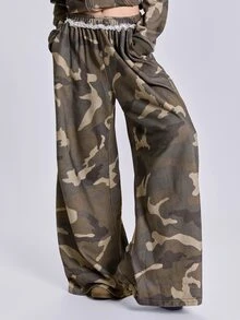 ROMWE Autumn/Winter Y2K Grunge Colossus Vintage Streetwear Camouflage Frayed Hem Women's Sweatpants - Multicolor - View 1