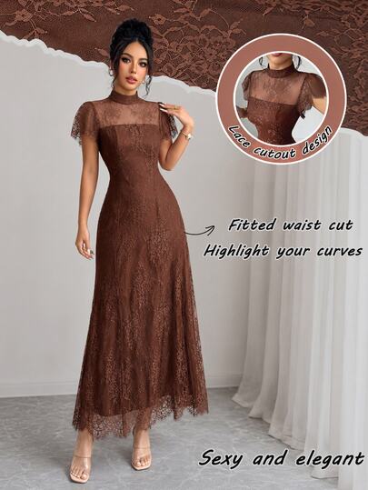 Elenzga Women's Vintage Elegant Floral Lace Mock Neck Short Sleeve Fitted Waist Mermaid Long Dress