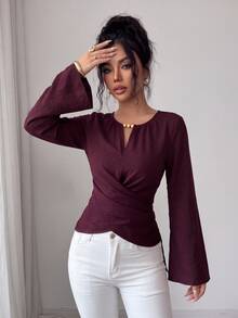 SHEIN Elenzya بلوزة بياقة فتحة مفتاح وأكمام واسعة وربطة خلفية - أحمر بنفسجي - مشاهدة 5