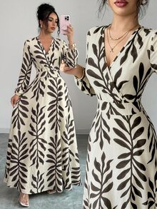 Elenzga 1 buah Gaun Leher Surplice Motif Daun - MultiWarna - View 6