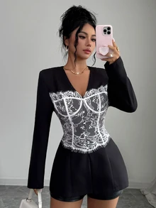 Elenzga Women's Black White Blazer Jacket, Business Sexy Fashion Style, Commuter Outfit Suitable For Office Party Night Night Out Wear, Luxury Summer Coat - Black - View 1