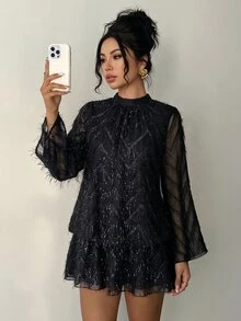 Flora Isola Flora Isola 女款秋冬約會之夜派對聚會舞會提花立領喇叭袖泡泡裙洋裝，黑色優雅 - 黑色 - 查看 7
