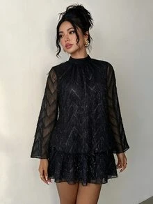 Flora Isola Flora Isola 女款秋冬約會之夜派對聚會舞會提花立領喇叭袖泡泡裙洋裝，黑色優雅 - 黑色 - 查看 8
