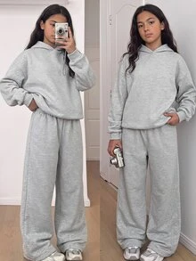SHEIN ChillGRL 2件組 青少年女孩連帽衛衣 + 同色系工裝褲 秋冬休閒街頭風套裝 - 灰色 - 查看 3