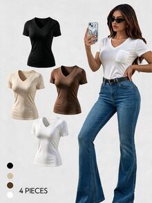 SHEIN Unity 女士夏季4入組純色V領短袖休閒T卹，附口袋 - 彩色 - 查看 3