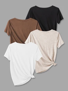 SHEIN Unity 女士夏季4入組純色V領短袖休閒T卹，附口袋 - 彩色 - 查看 6
