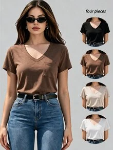 SHEIN Unity 女士夏季4入組純色V領短袖休閒T卹，附口袋 - 彩色 - 查看 5