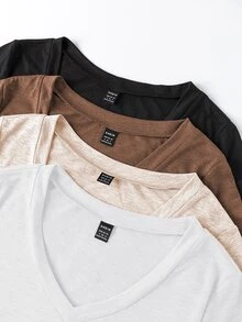 SHEIN Unity 女士夏季4入組純色V領短袖休閒T卹，附口袋 - 彩色 - 查看 8