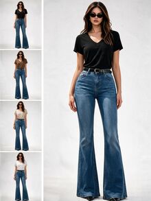 SHEIN Unity 女士夏季4入組純色V領短袖休閒T卹，附口袋 - 彩色 - 查看 4