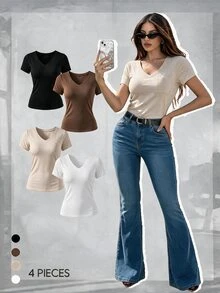SHEIN Unity 女士夏季4入組純色V領短袖休閒T卹，附口袋 - 彩色 - 查看 2
