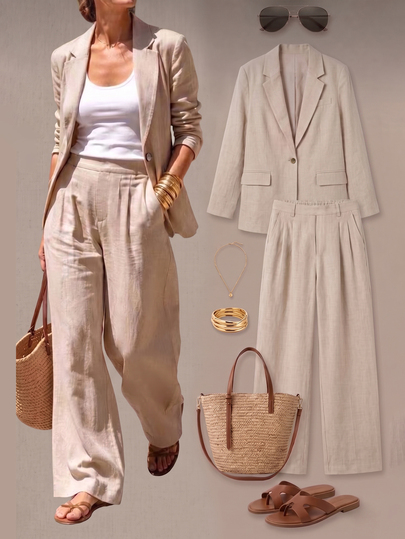Selianne Women's Woven Casual Vacation Autumn Blazer And Wide Leg Pants Set