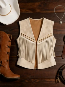 Yalmera Women Summer Suede Fringe Studded Boho Casual Jacket,Beige Autumn Country Western Concert Vest,French Style Vacation  Wear Fashion Commute Outwear - Apricot - View 6