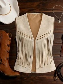 Yalmera Women Summer Suede Fringe Studded Boho Casual Jacket,Beige Autumn Country Western Concert Vest,French Style Vacation  Wear Fashion Commute Outwear - Apricot - View 3
