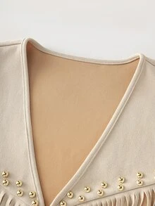 Yalmera Women Summer Suede Fringe Studded Boho Casual Jacket,Beige Autumn Country Western Concert Vest,French Style Vacation  Wear Fashion Commute Outwear - Apricot - View 10